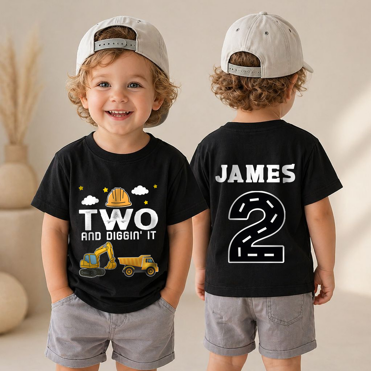 Boys Personalized Construction 2nd Birthday Shirt, Two and Digging It — product view 4
