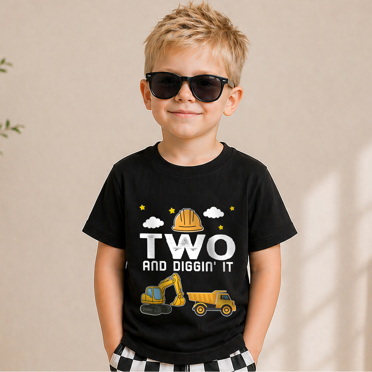Boys Personalized Construction 2nd Birthday Shirt, Two and Digging It — product view 5