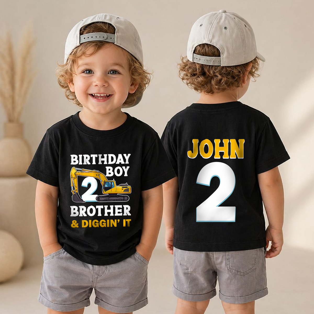 Custom Name Construction Birthday Boy Shirt 2, Digging It — product view 4