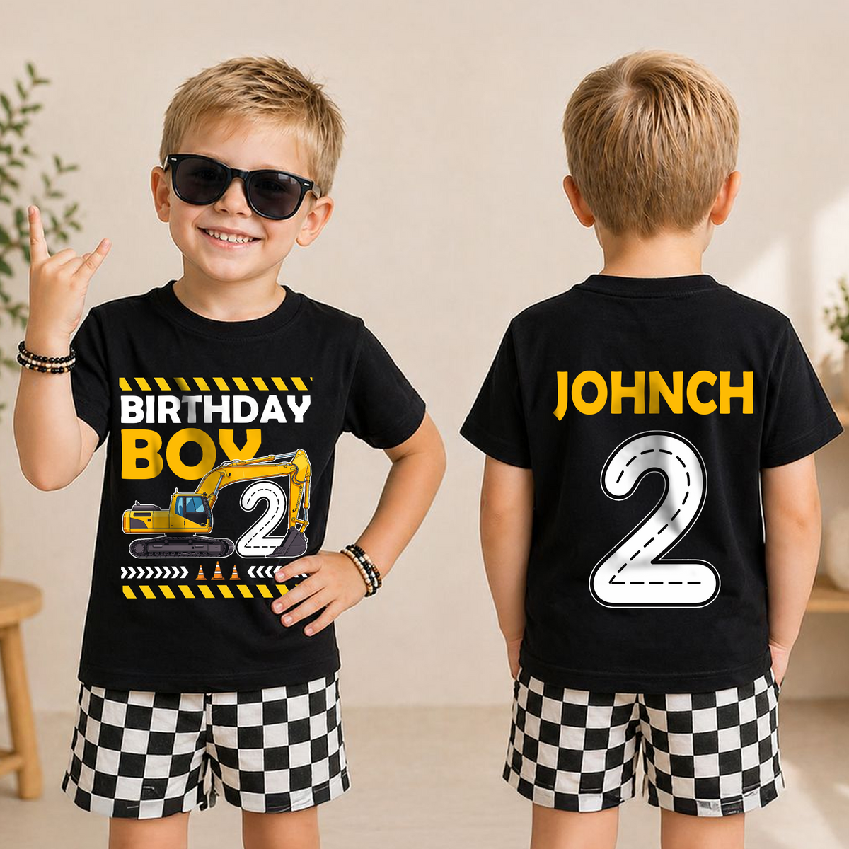 Boys Custom Construction Birthday Boy Shirt 2, Digging It — product view 3