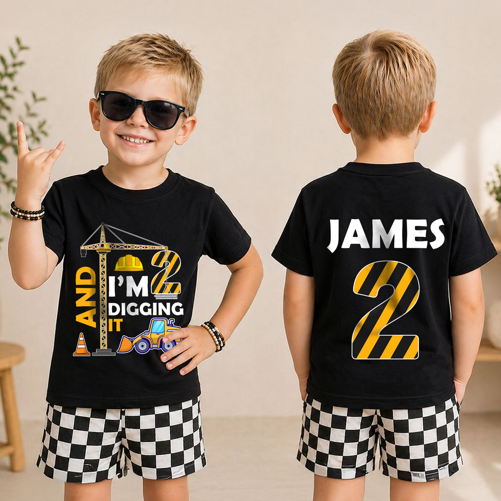 Boys Personalized Construction Birthday Boy Shirt 2, Digging It — product view 3