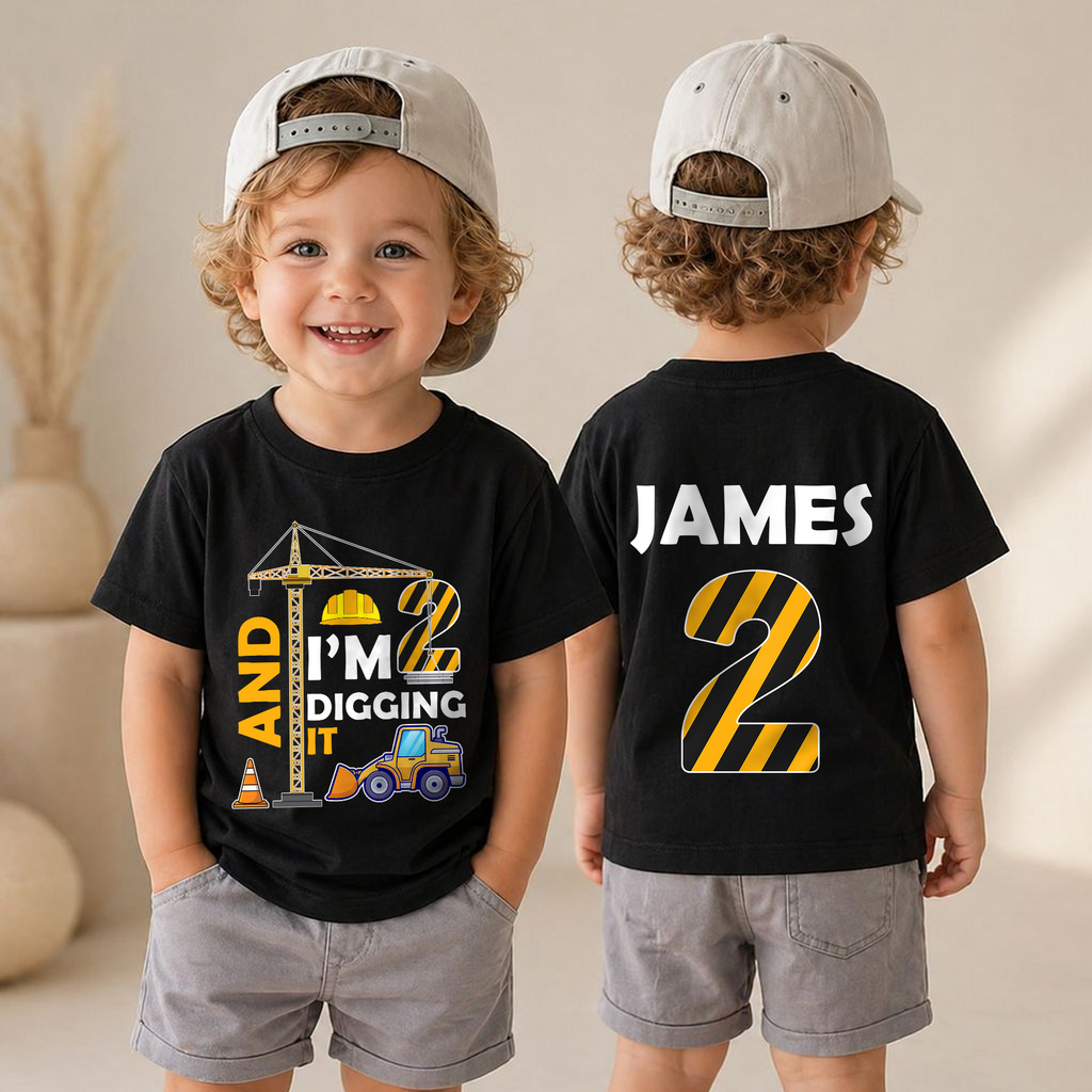 Boys Personalized Construction Birthday Boy Shirt 2, Digging It — product view 4