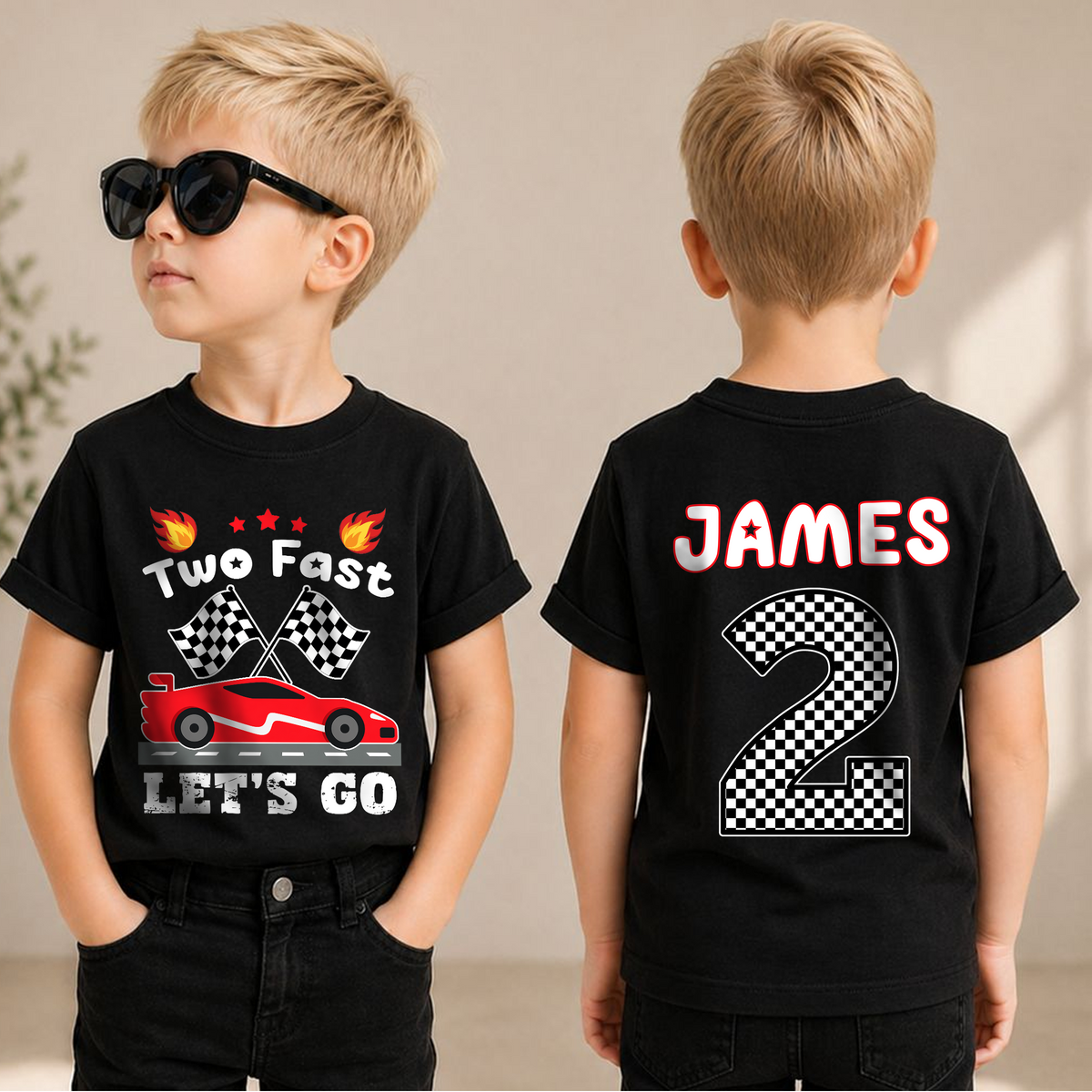 Custom Name Racing 2nd Birthday Shirt, Two Fast Let's Go — product view 1