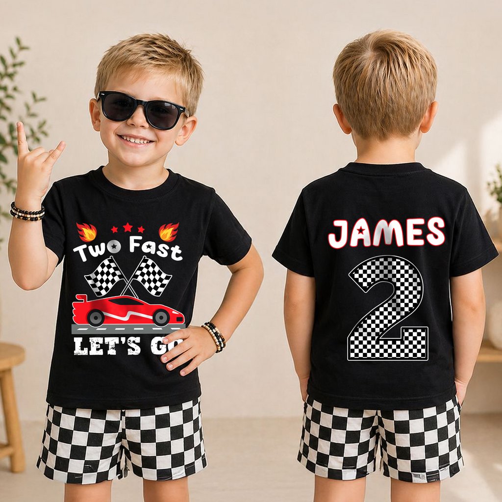 Custom Name Racing 2nd Birthday Shirt, Two Fast Let's Go — product view 3