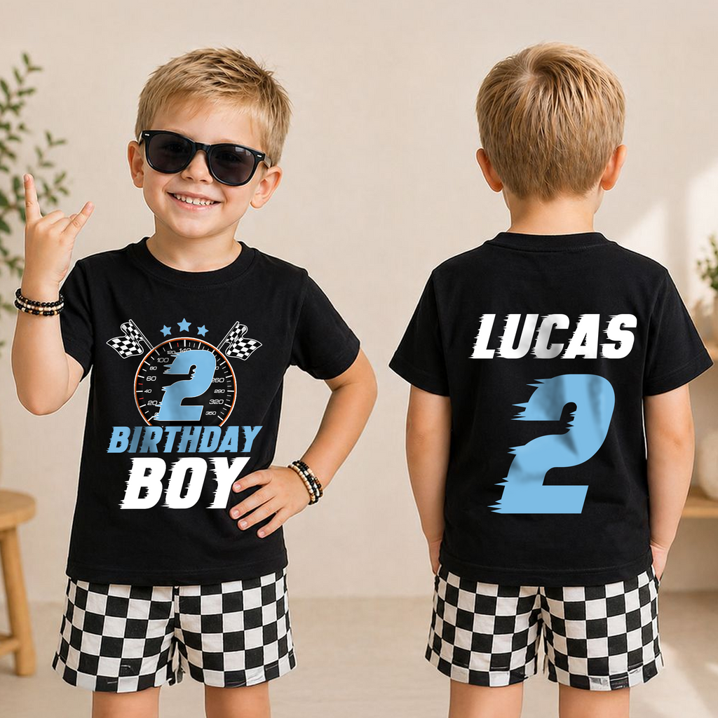Boys Custom Racing 2nd Birthday Shirt, TWO FAST — product view 3