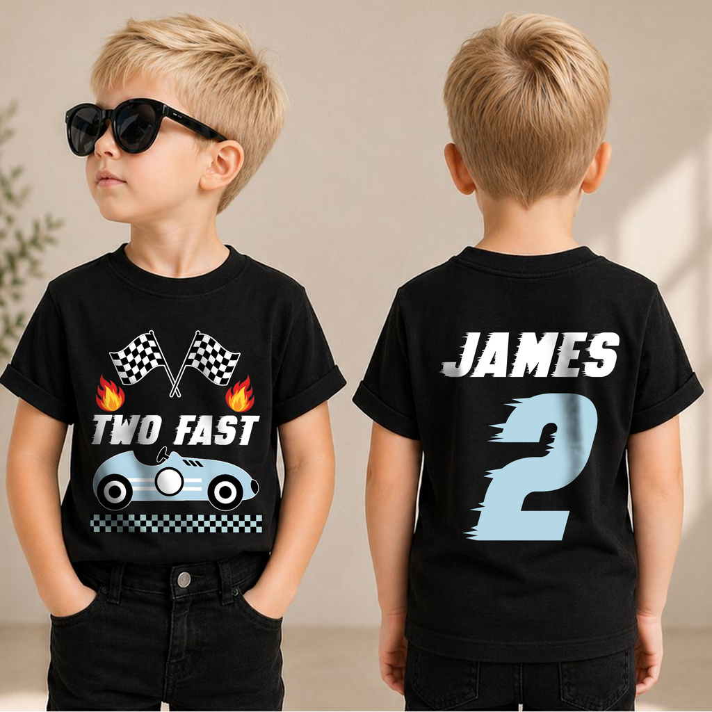 Toddler Personalized Racing 2nd Birthday Shirt, TWO FAST — product view 1