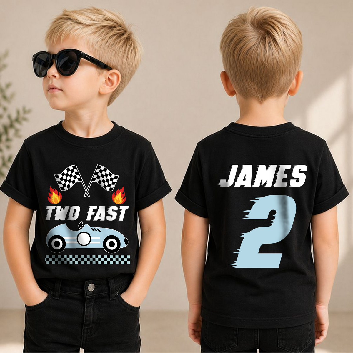 Toddler Personalized Racing 2nd Birthday Shirt, TWO FAST — product view 1
