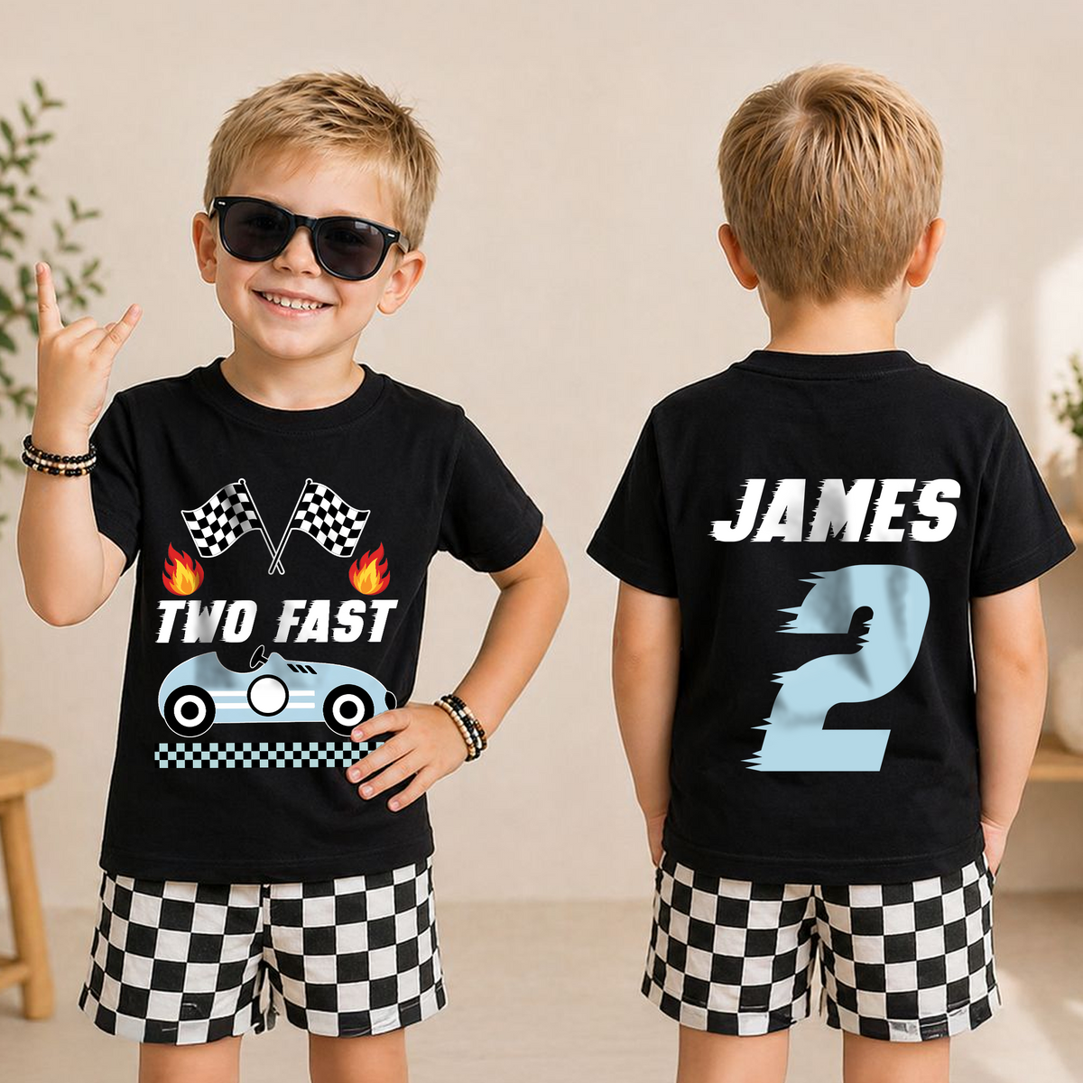 Toddler Personalized Racing 2nd Birthday Shirt, TWO FAST — product view 3