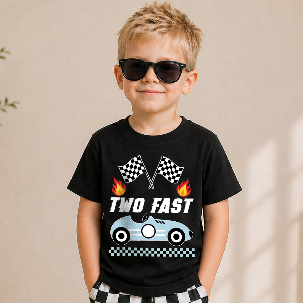 Toddler Personalized Racing 2nd Birthday Shirt, TWO FAST — product view 5