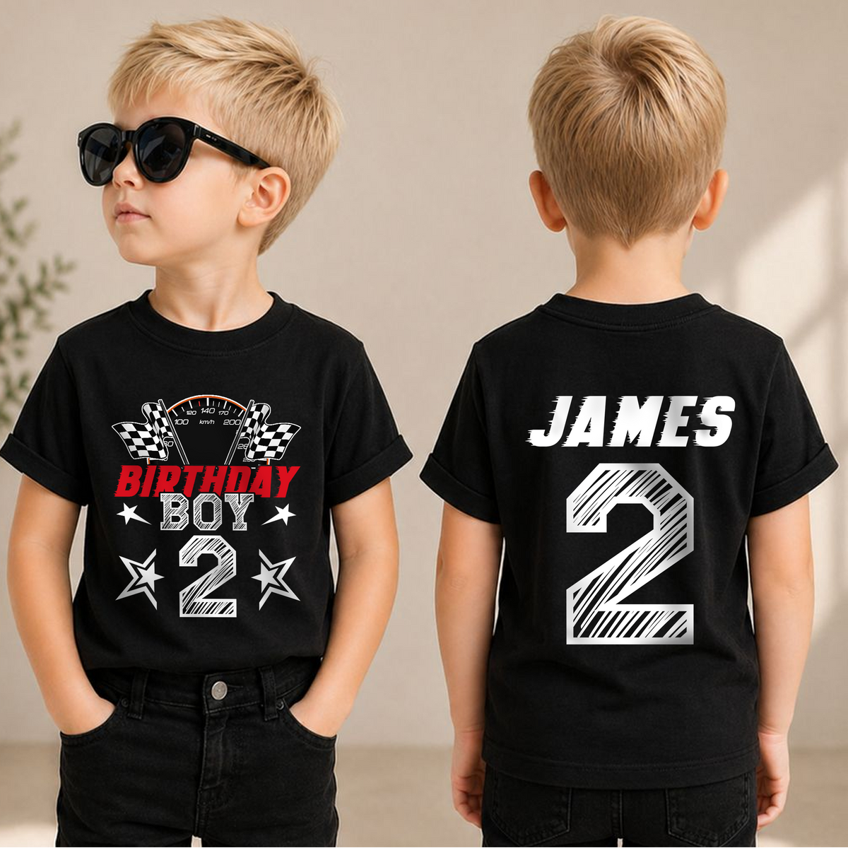 Boys Personalized Racing 2nd Birthday Shirt, TWO FAST — product view 1