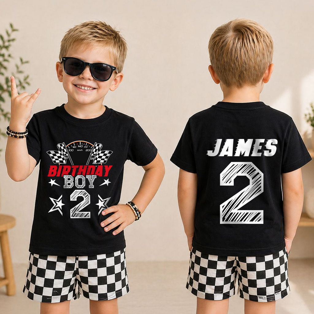 Boys Personalized Racing 2nd Birthday Shirt, TWO FAST — product view 3