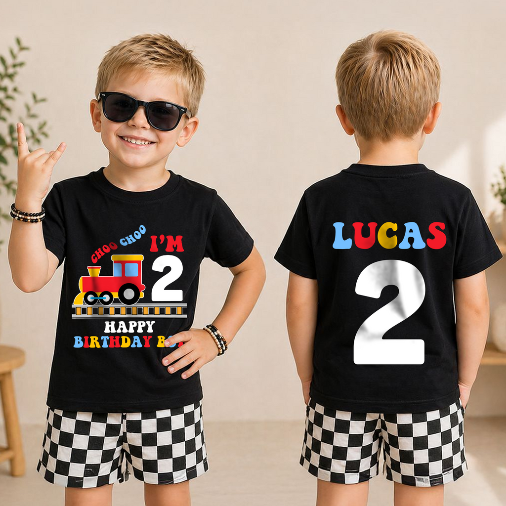 Toddler Personalized Choo Choo I'm 2 2nd Birthday Shirt — product view 3
