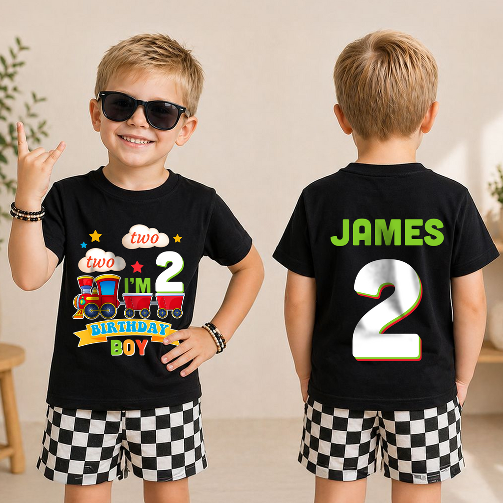 Boys Personalized Chugga Chugga Two Two 2nd Birthday Shirt — product view 3