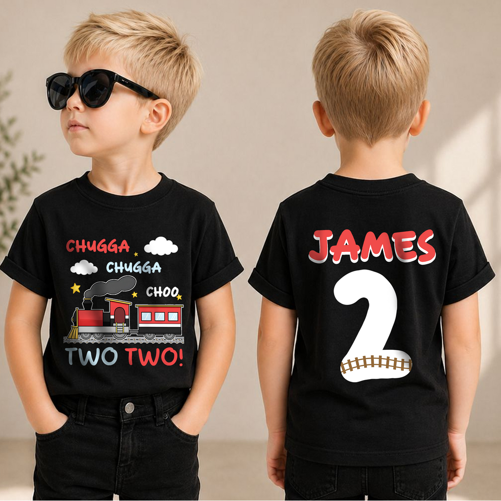 Personalized Train 2nd Birthday Shirt Boy, Chugga Chugga Two — product view 1