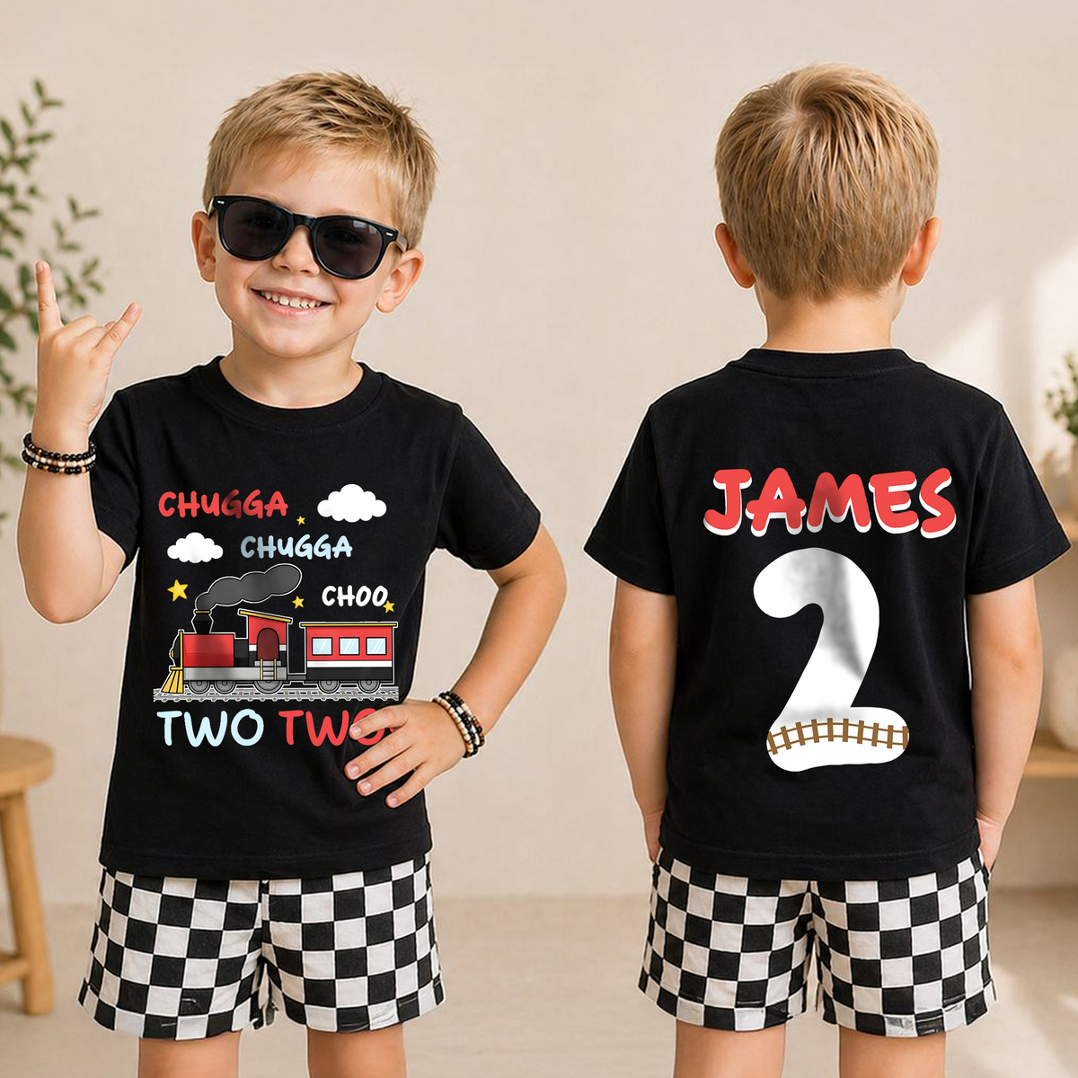 Personalized Train 2nd Birthday Shirt Boy, Chugga Chugga Two — product view 3