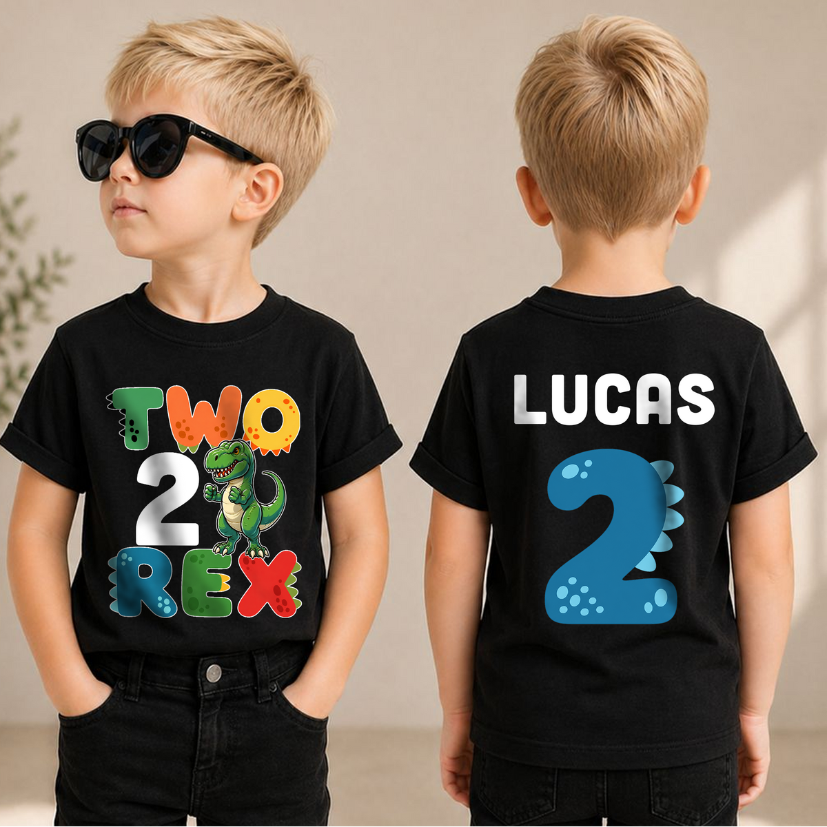 Boys Custom Dinosaur 2nd Birthday Shirt, Two Rex — product view 1