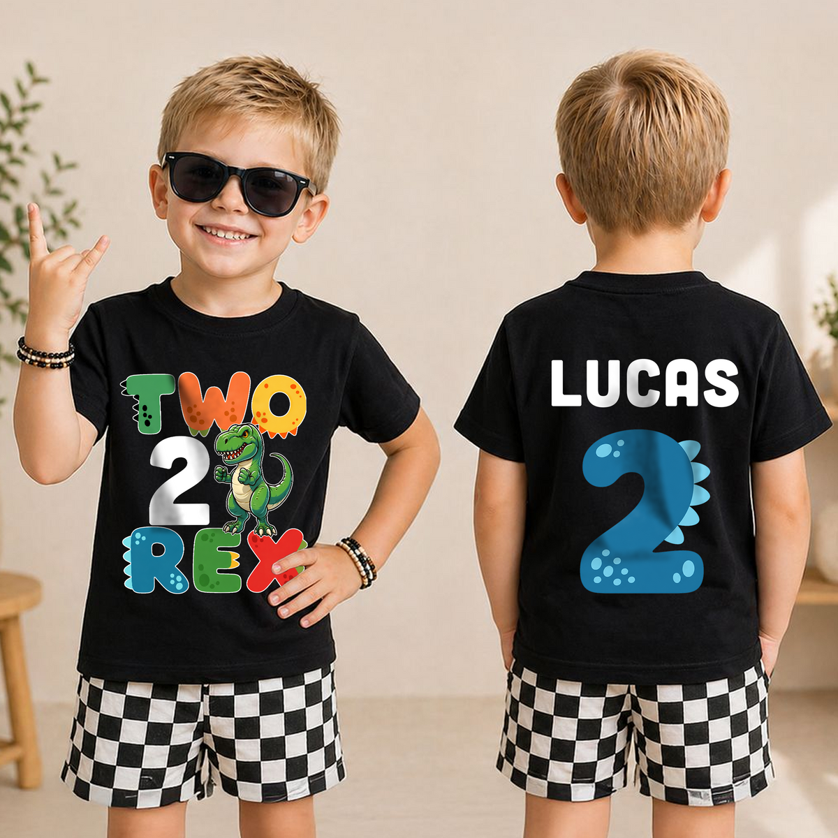 Boys Custom Dinosaur 2nd Birthday Shirt, Two Rex — product view 3