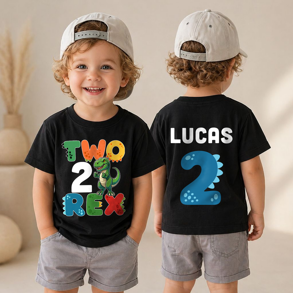 Boys Custom Dinosaur 2nd Birthday Shirt, Two Rex — product view 4