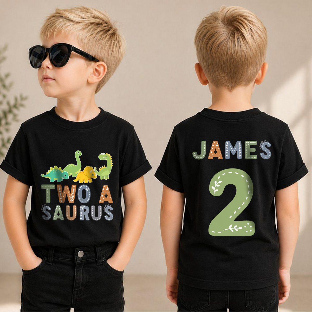Toddler Personalized Dinosaur 2nd Birthday Shirt, Two-A Saurus — product view 1