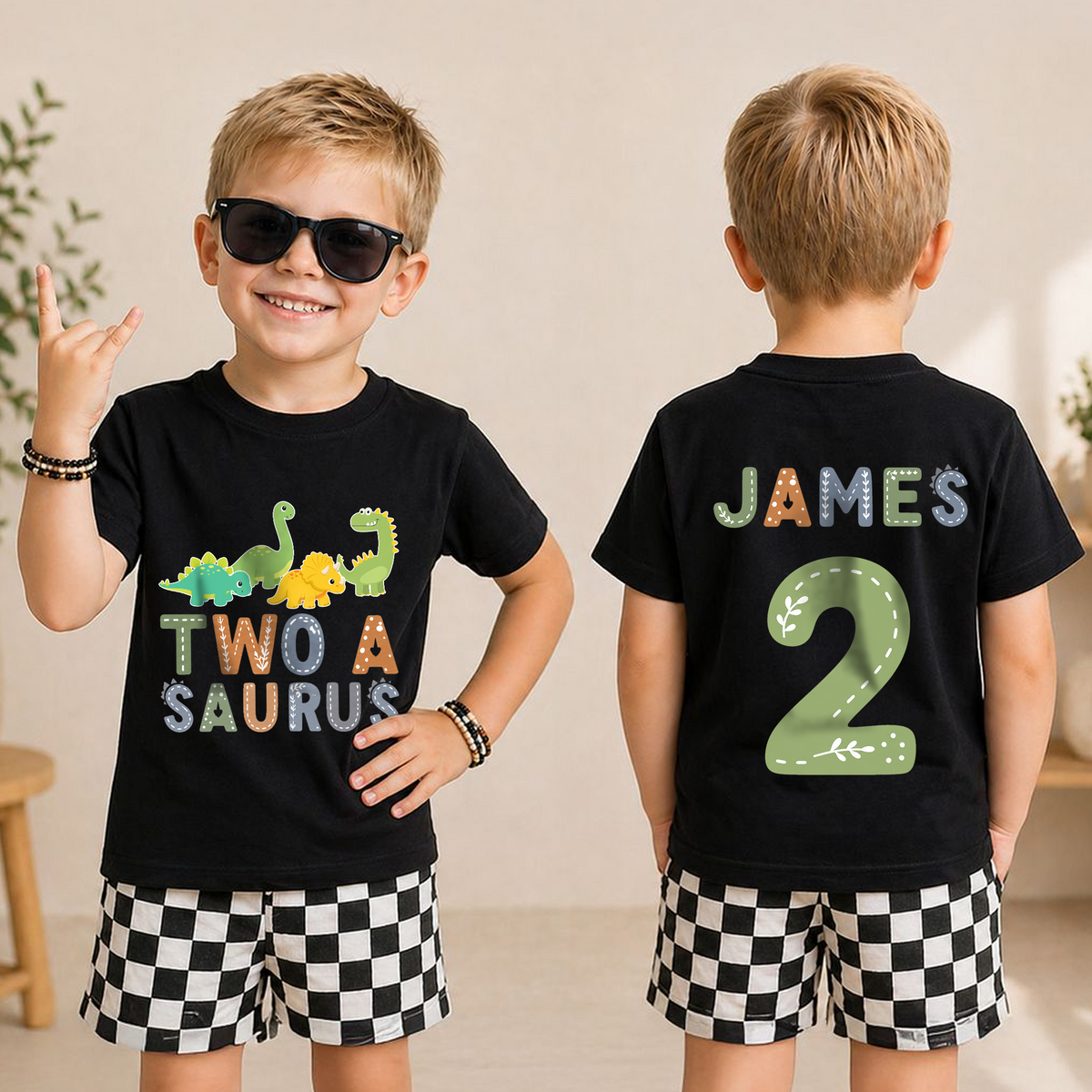 Toddler Personalized Dinosaur 2nd Birthday Shirt, Two-A Saurus — product view 3