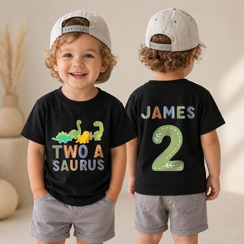 Toddler Personalized Dinosaur 2nd Birthday Shirt, Two-A Saurus — product view 4