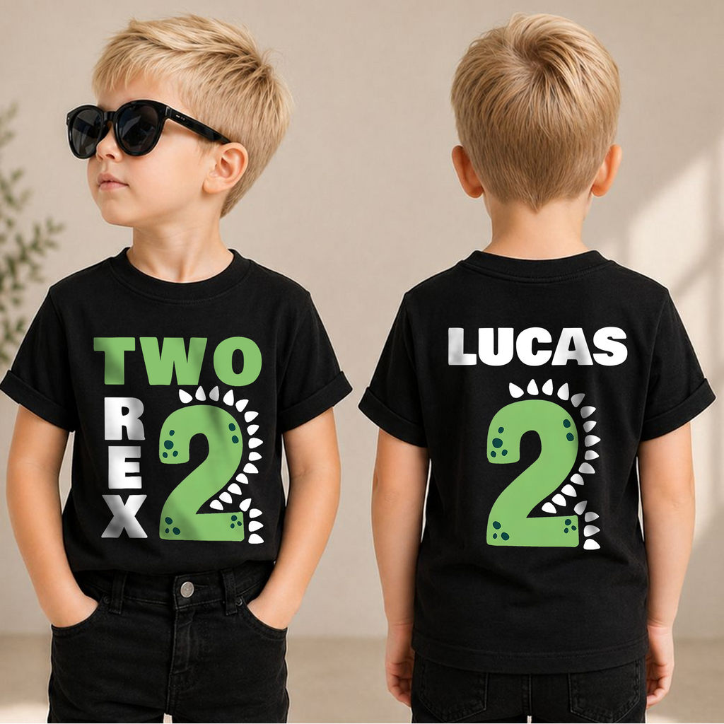 Boys Personalized Dinosaur 2nd Birthday Shirt, Two Rex — product view 1