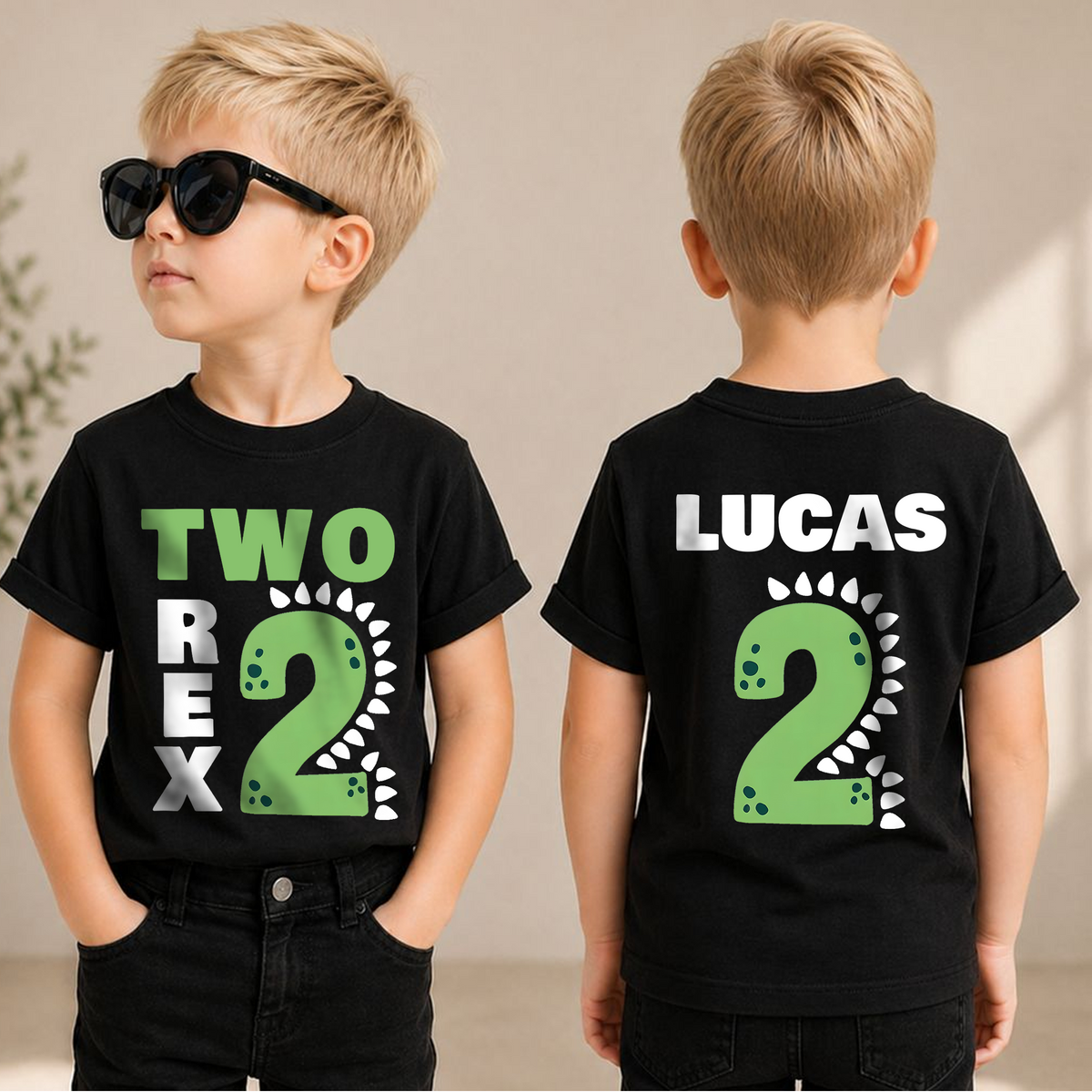 Boys Personalized Dinosaur 2nd Birthday Shirt, Two Rex — product view 1