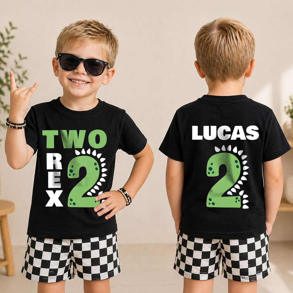 Boys Personalized Dinosaur 2nd Birthday Shirt, Two Rex — product view 3