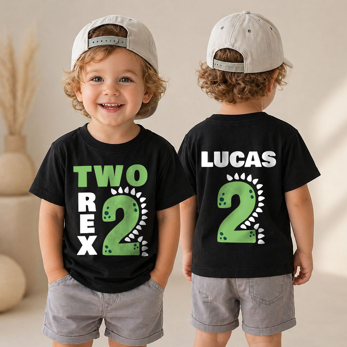 Boys Personalized Dinosaur 2nd Birthday Shirt, Two Rex — product view 4