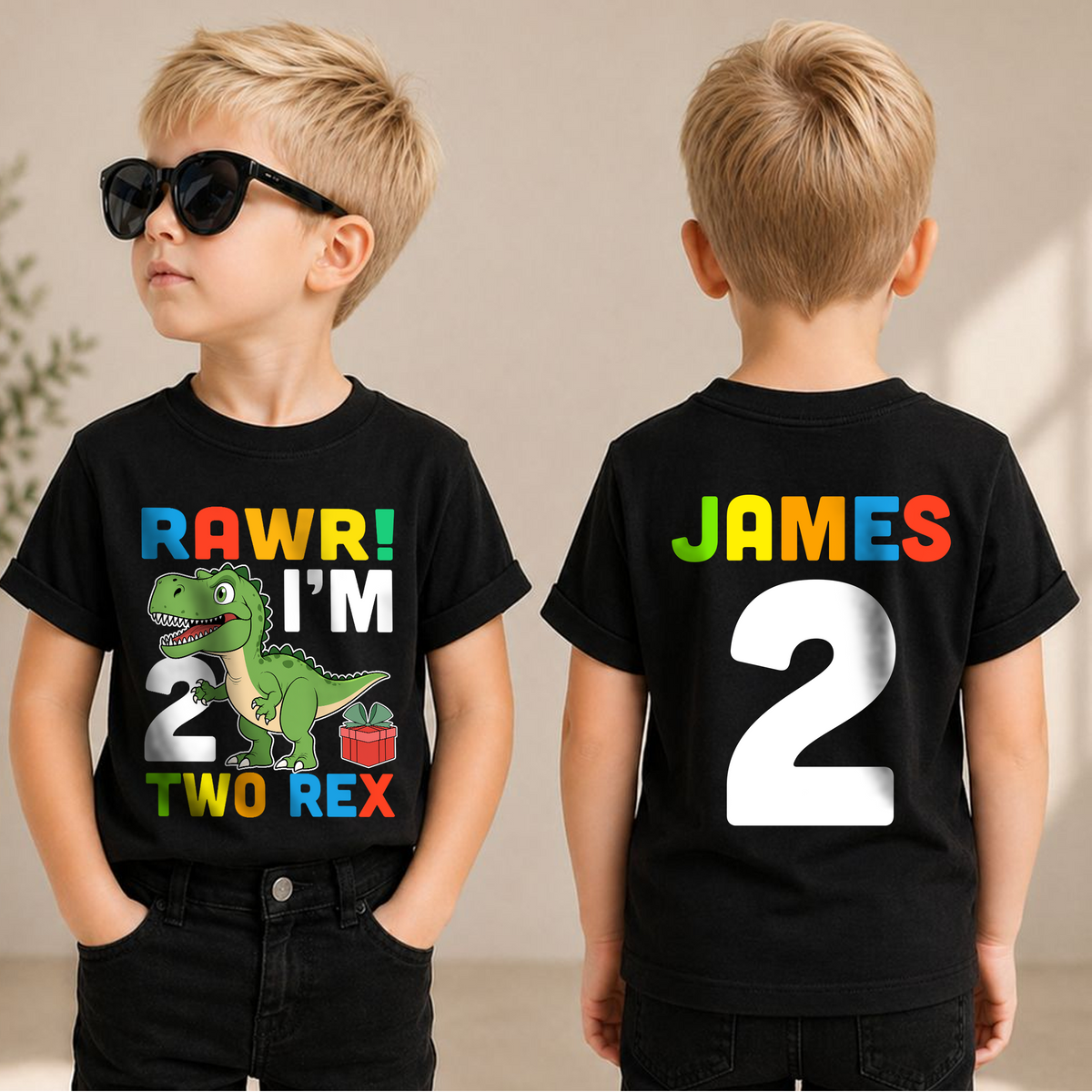 Personalized Dinosaur Birthday Boy Shirt 2, Rawr I'm 2 Two Rex — product view 1