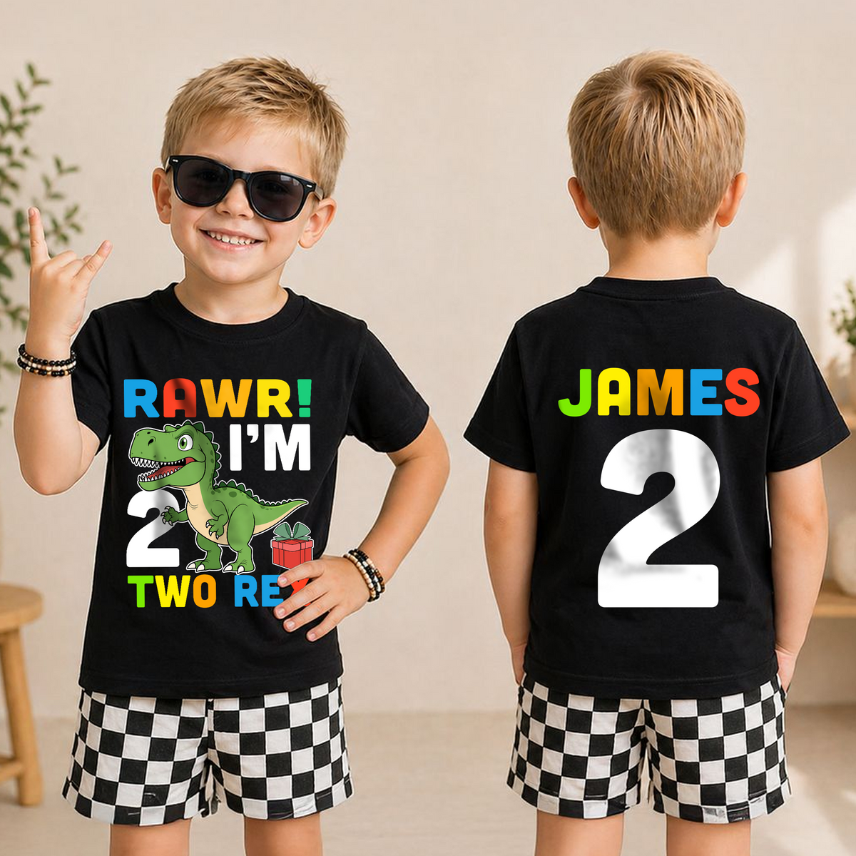 Personalized Dinosaur Birthday Boy Shirt 2, Rawr I'm 2 Two Rex — product view 3
