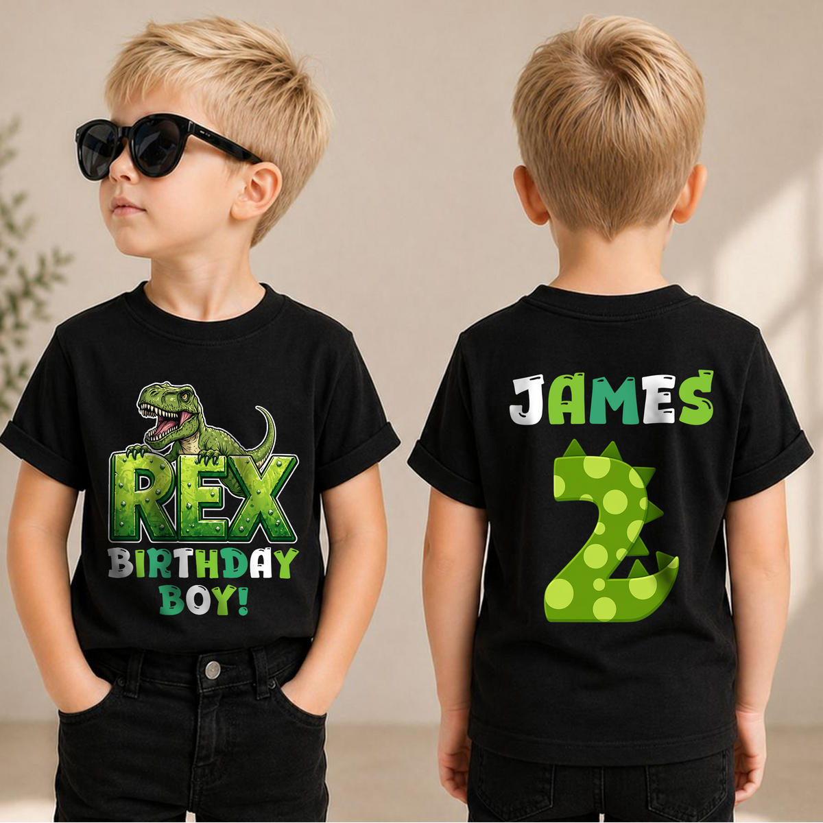 Custom Dinosaur Birthday Boy Shirt 2, Rex Two — product view 1