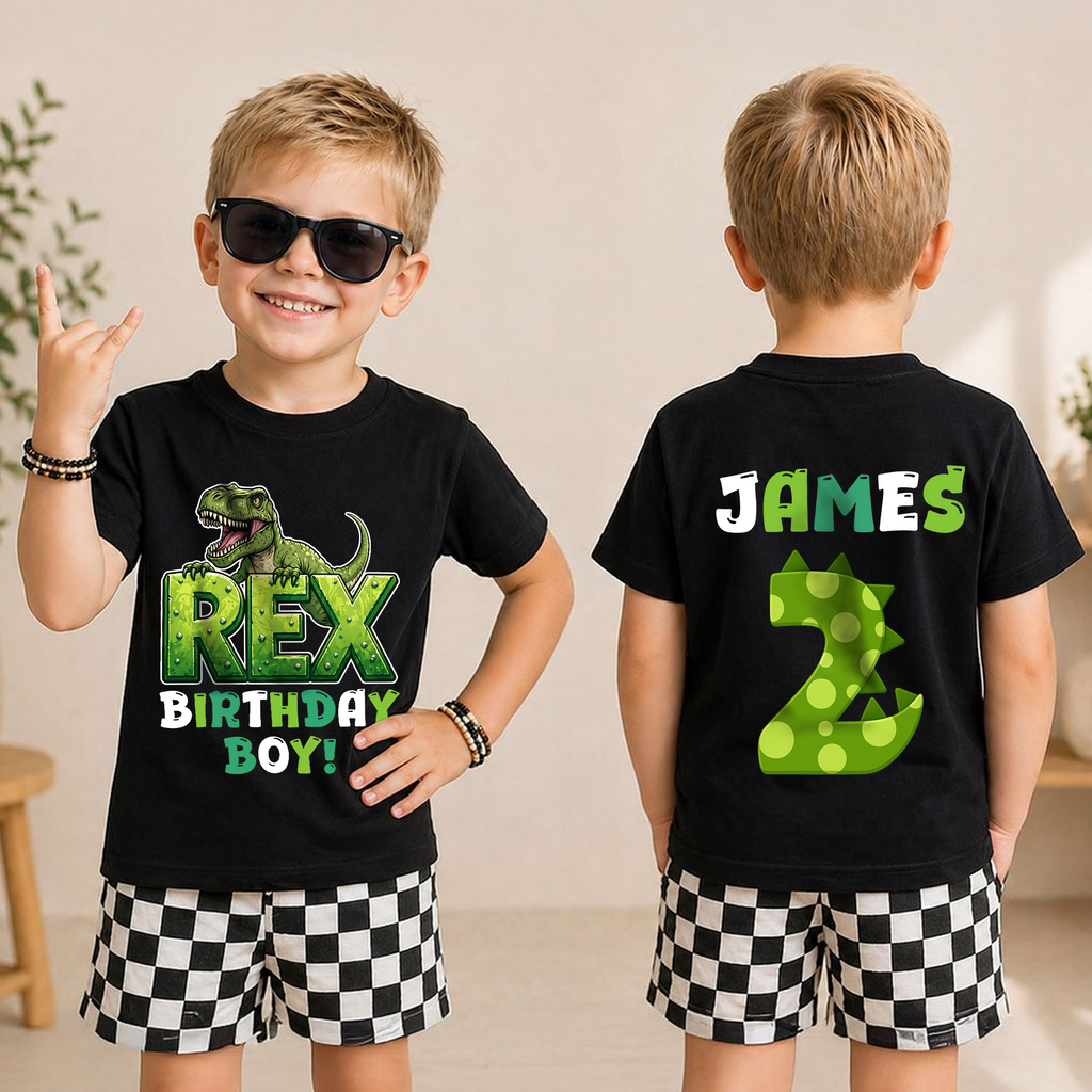 Custom Dinosaur Birthday Boy Shirt 2, Rex Two — product view 3