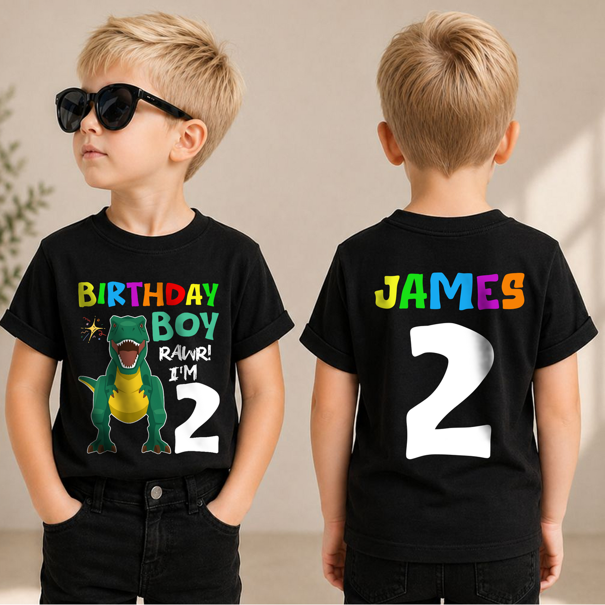 Boys Custom Dinosaur Birthday Boy Shirt 2, Rawr I'm 2 — product view 1