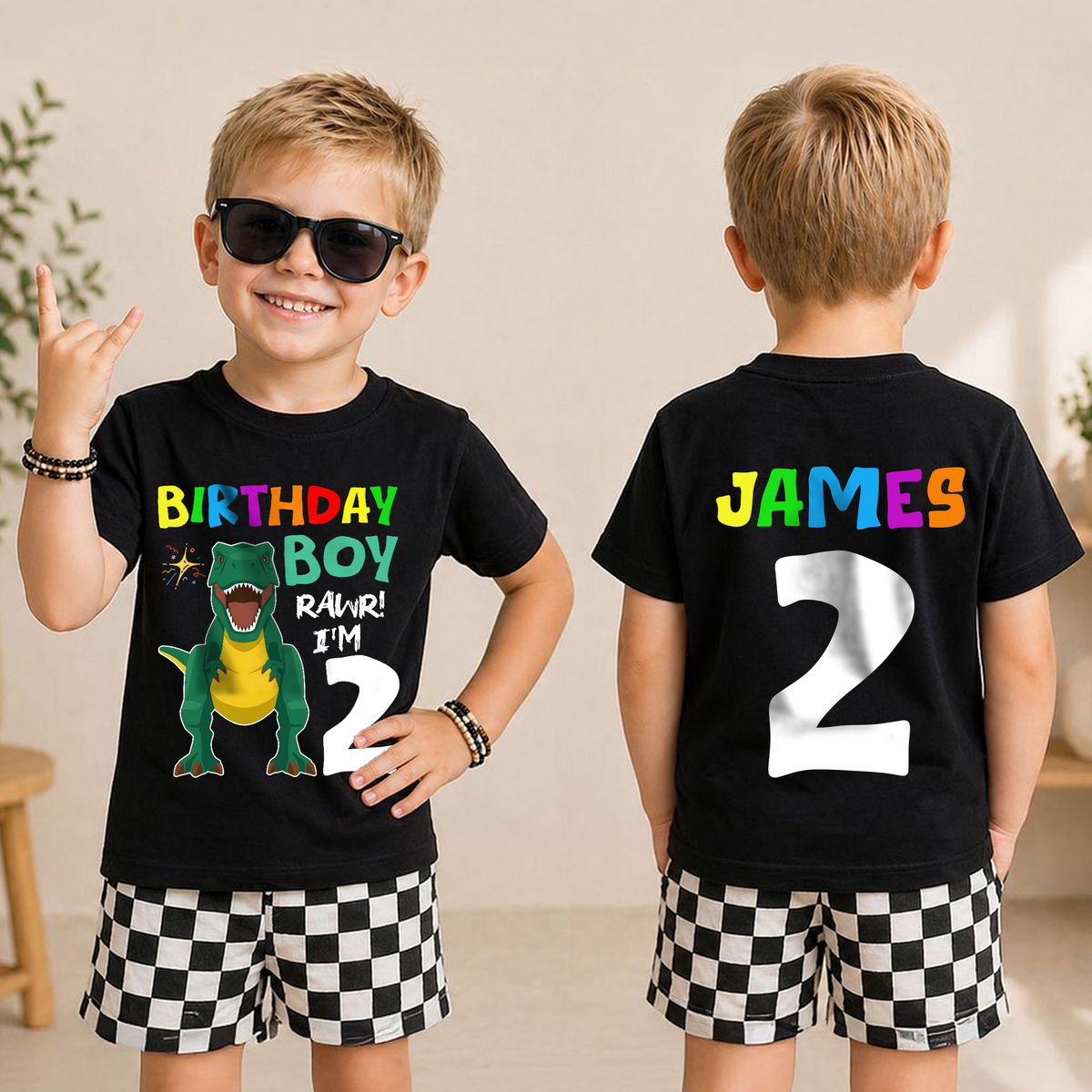 Boys Custom Dinosaur Birthday Boy Shirt 2, Rawr I'm 2 — product view 3
