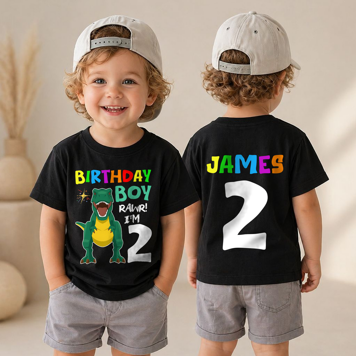 Boys Custom Dinosaur Birthday Boy Shirt 2, Rawr I'm 2 — product view 4