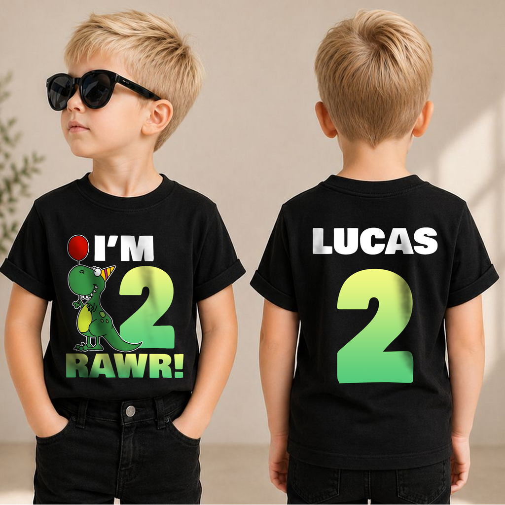 Toddler Personalized Dinosaur Birthday Boy Shirt 2, Rawr I'm 2 — product view 1
