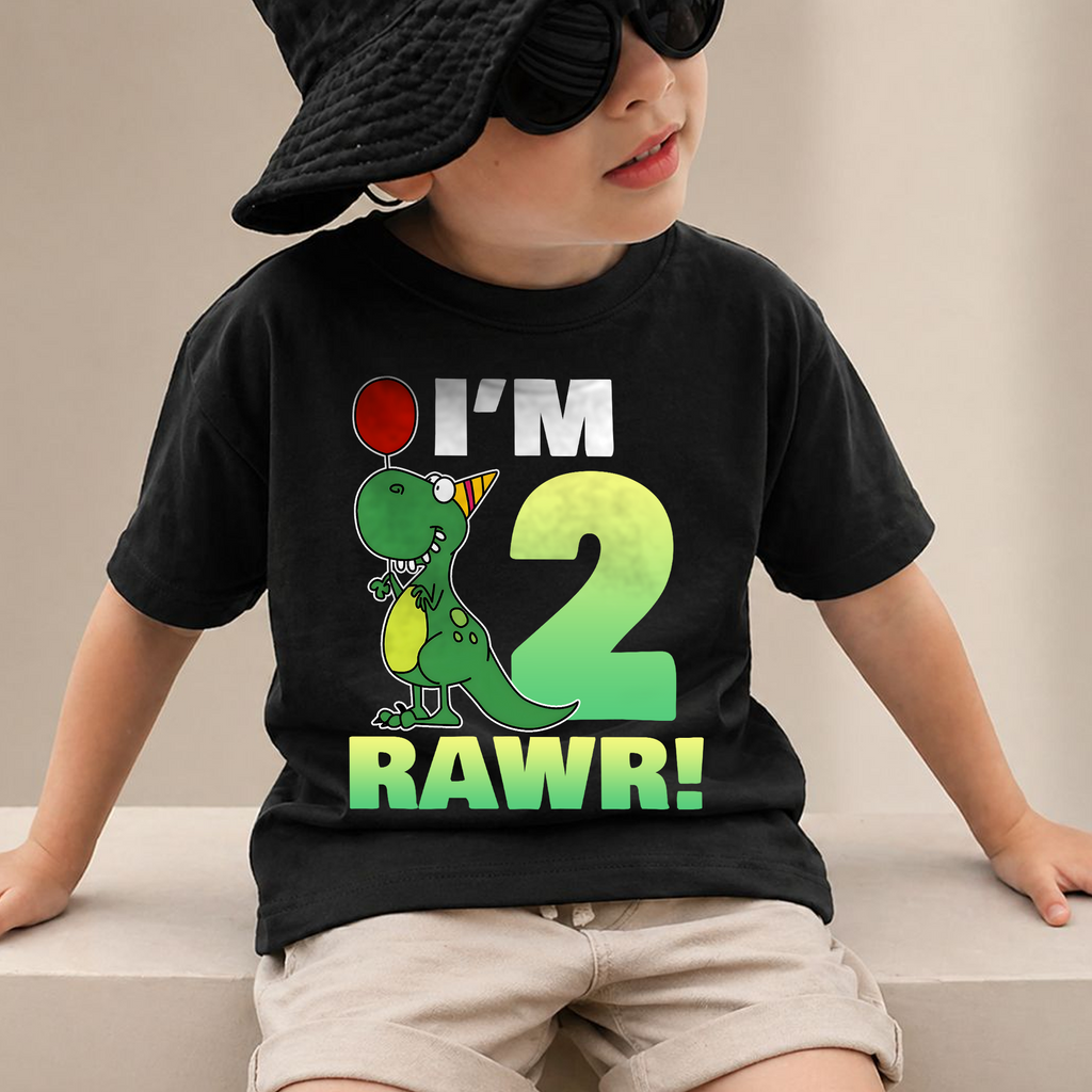 Toddler Personalized Dinosaur Birthday Boy Shirt 2, Rawr I'm 2 — product view 2