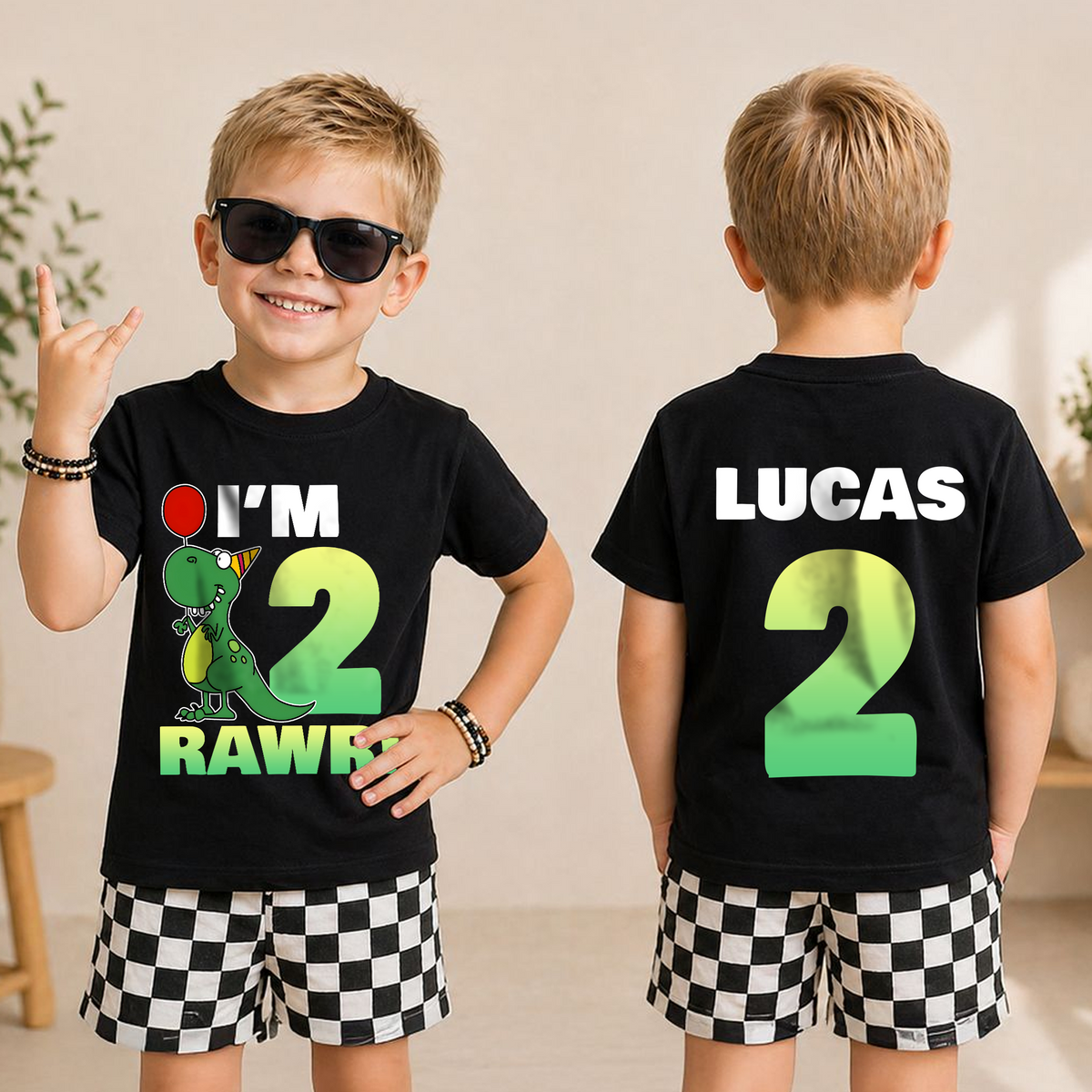 Toddler Personalized Dinosaur Birthday Boy Shirt 2, Rawr I'm 2 — product view 3