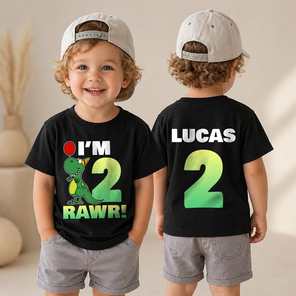 Toddler Personalized Dinosaur Birthday Boy Shirt 2, Rawr I'm 2 — product view 4