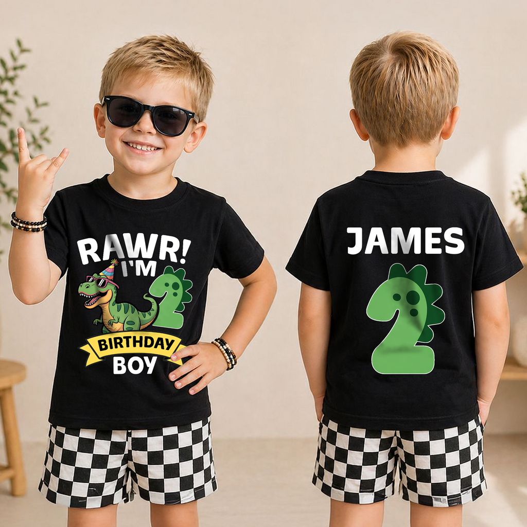 Boys Personalized Dinosaur Birthday Boy Shirt 2, Rawr I'm 2 — product view 3