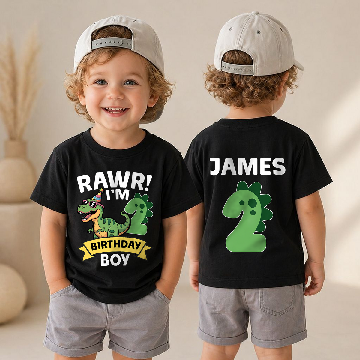 Boys Personalized Dinosaur Birthday Boy Shirt 2, Rawr I'm 2 — product view 4