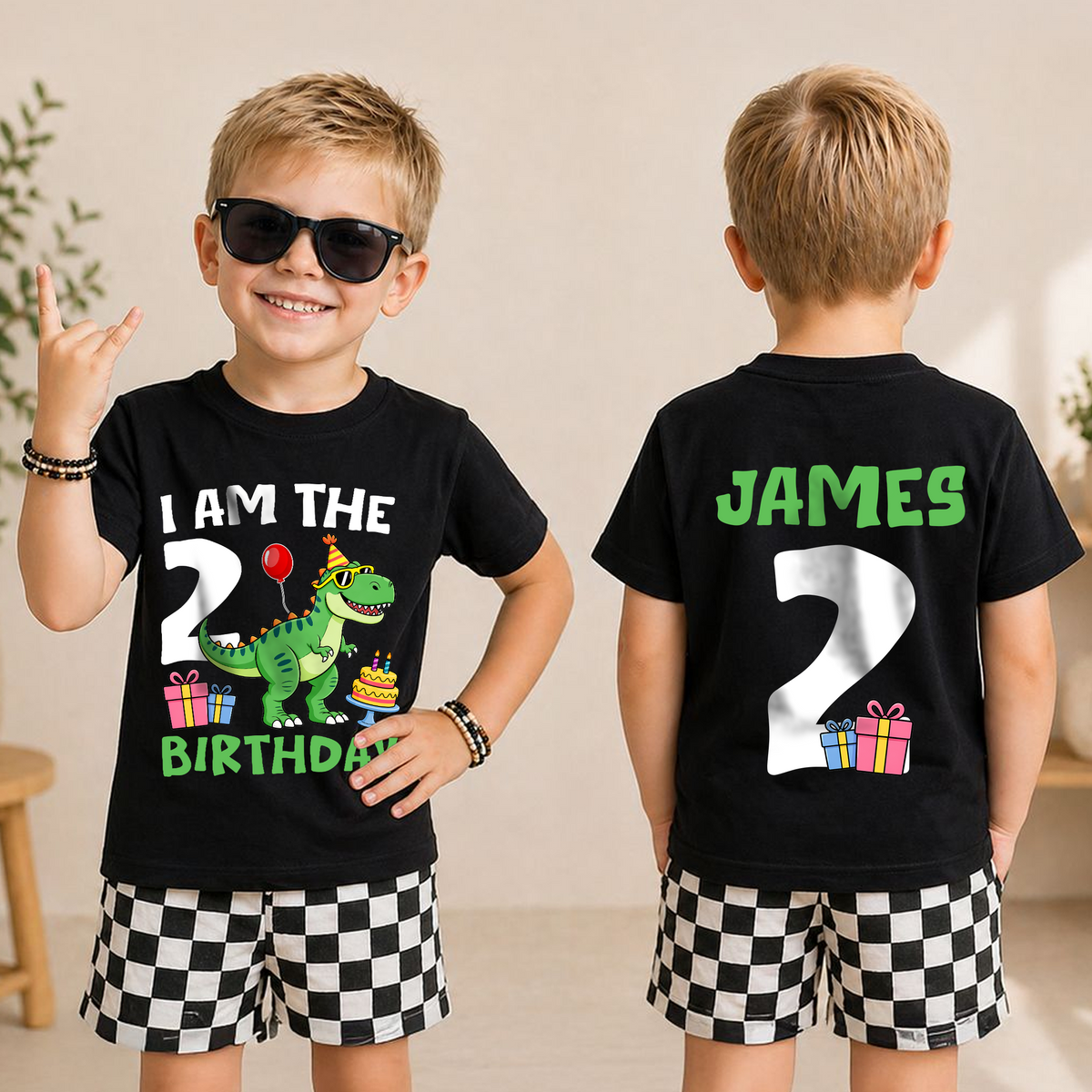 Custom Name Two Rex Birthday Outfit Boy, Dinosaur — product view 3