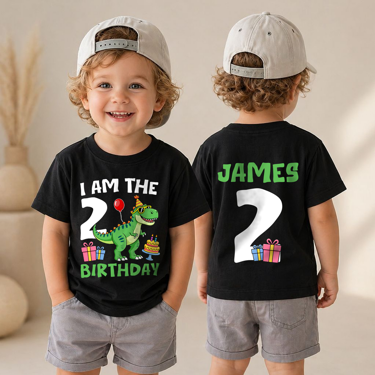 Custom Name Two Rex Birthday Outfit Boy, Dinosaur — product view 4