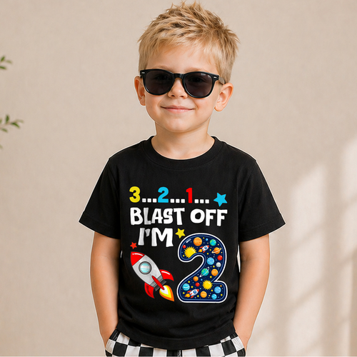 Boys Custom 2nd Birthday Space Shirt, Custom Name — product view 1