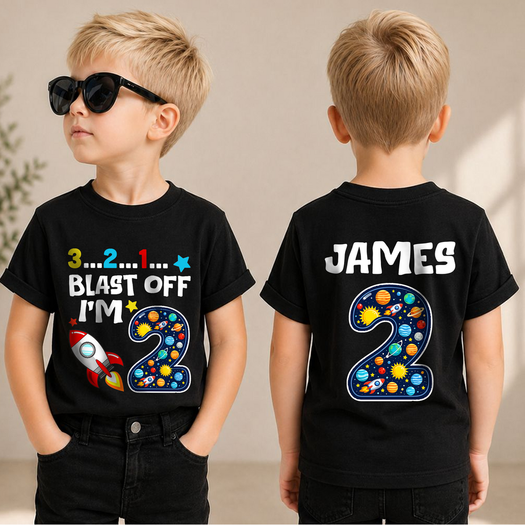 Boys Custom 2nd Birthday Space Shirt, Custom Name — product view 3