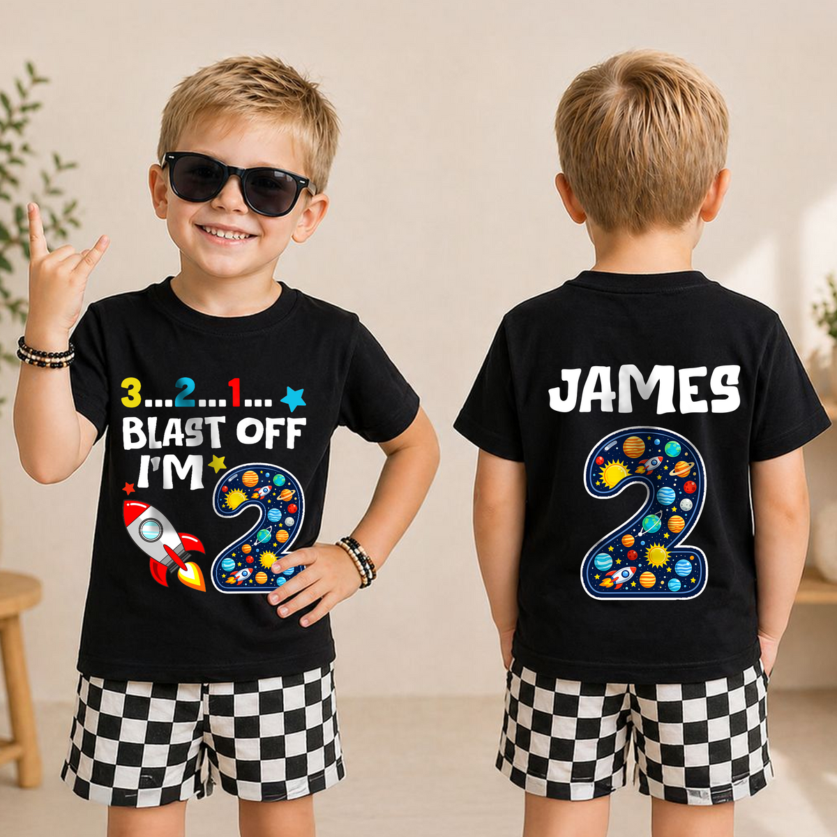 Boys Custom 2nd Birthday Space Shirt, Custom Name — product view 5