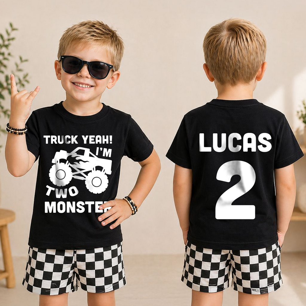 Personalized Truck Yeah I'm Two Birthday Shirt for Boys — product view 3