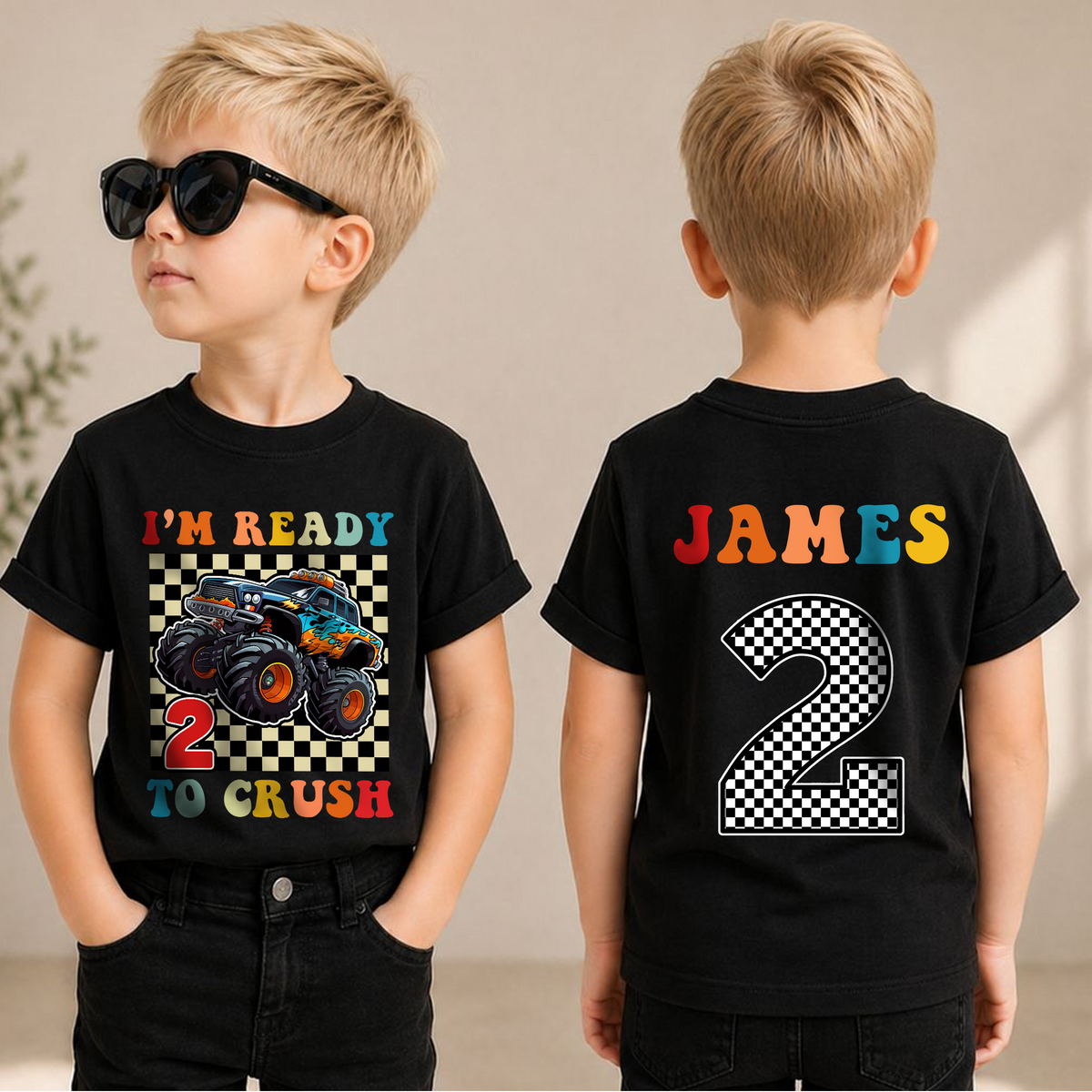 Custom Name Monster Truck 2nd Birthday Shirt, Ready To Crush — product view 1