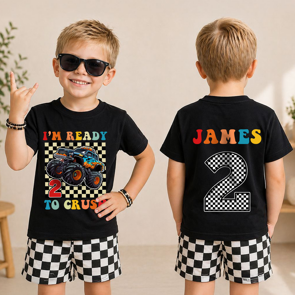 Custom Name Monster Truck 2nd Birthday Shirt, Ready To Crush — product view 3